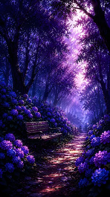 Wooden bench sitting beside a stone pathway lined with lush purple hydrangea bushes under soft sunlit tree foliage.