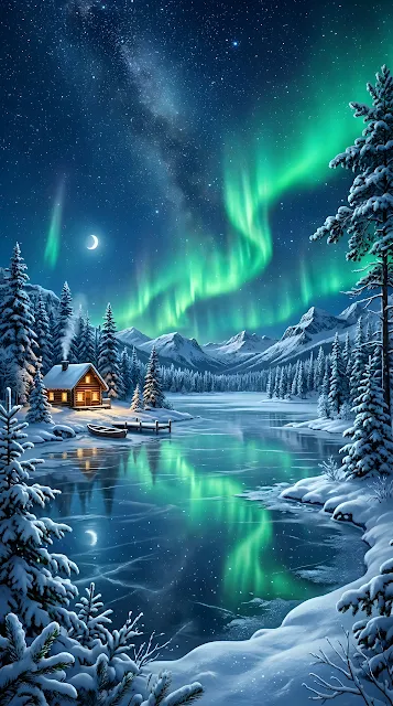 Enchanting Aurora Borealis Over a Frozen Lake - Free mobile Wallpaper
