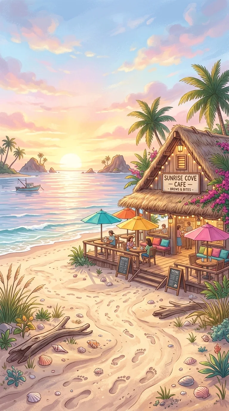 Enchanting Beachside Cafe at Sunrise with Seascape - Free 8K and 4K mobile Wallpaper Background