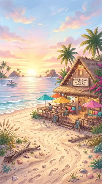 Enchanting Beachside Cafe at Sunrise with Seascape - Free 4K & 8K mobile Wallpaper