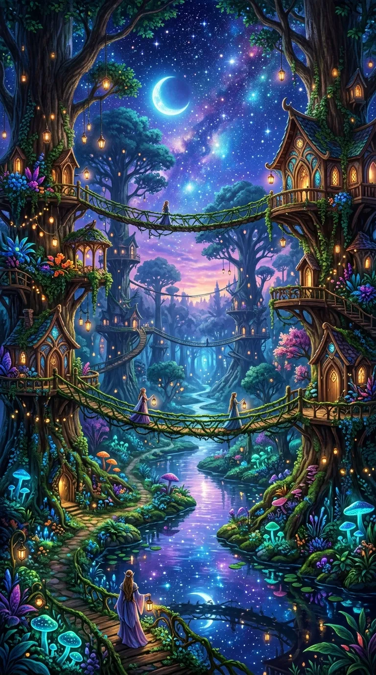 Download Enchanting Forest Kingdom with Treehouses Vine Bridges and River Wallpaper in 4K UHD Enchanting Forest Kingdom with Treehouses Vine Bridges and River - Free 8K and 4K mobile Wallpaper Background
