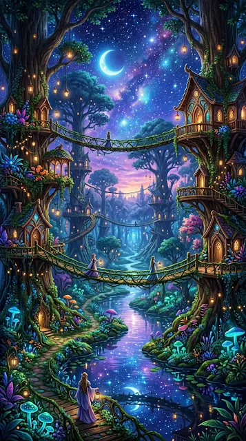 Enchanting Forest Kingdom with Treehouses Vine Bridges and River - Free 4K & 8K mobile Wallpaper