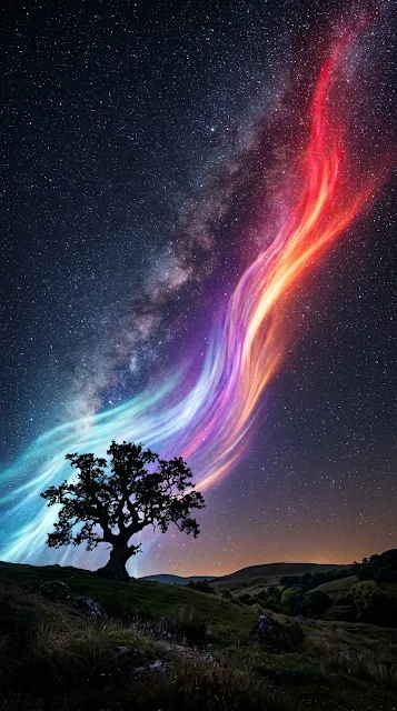 Enchanting Night Landscape with Bicolor Light Wave and Tree Silhouette - Free 4K & 8K mobile Wallpaper