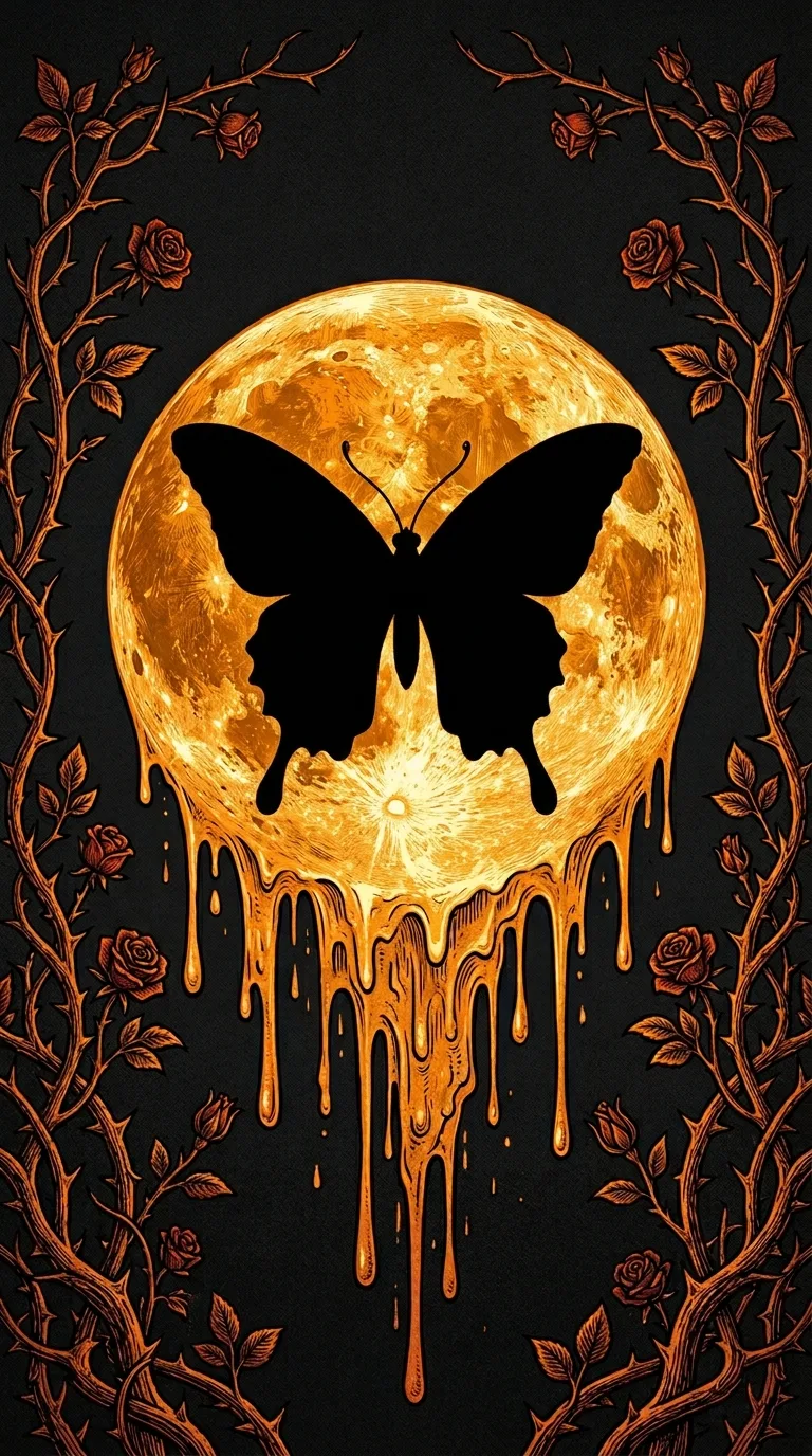 Download Engraved Butterfly Silhouette on Dripping Orange Eclipse Moon Wallpaper in 4K UHD Engraved Butterfly Silhouette on Dripping Orange Eclipse Moon - Free 8K and 4K mobile Wallpaper Background
