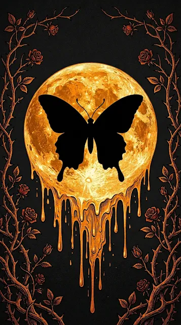 Engraved Butterfly Silhouette on Dripping Orange Eclipse Moon - Free 4K & 8K mobile Wallpaper
