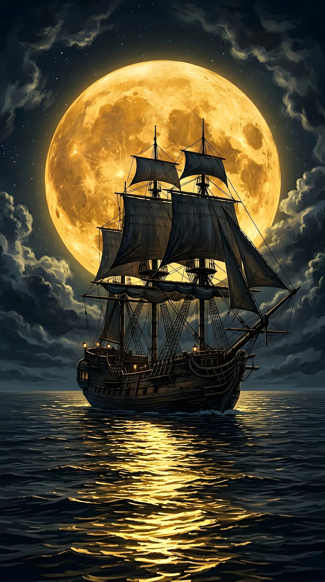 Epic Digital Illustration of a Tall Ship Sailing Before a Giant Moon - Free 4K mobile Wallpaper