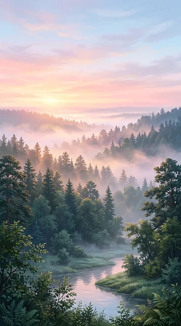 Ethereal Dawn Over Lush Forest with Misty Clouds - Free 4K & 8K mobile Wallpaper