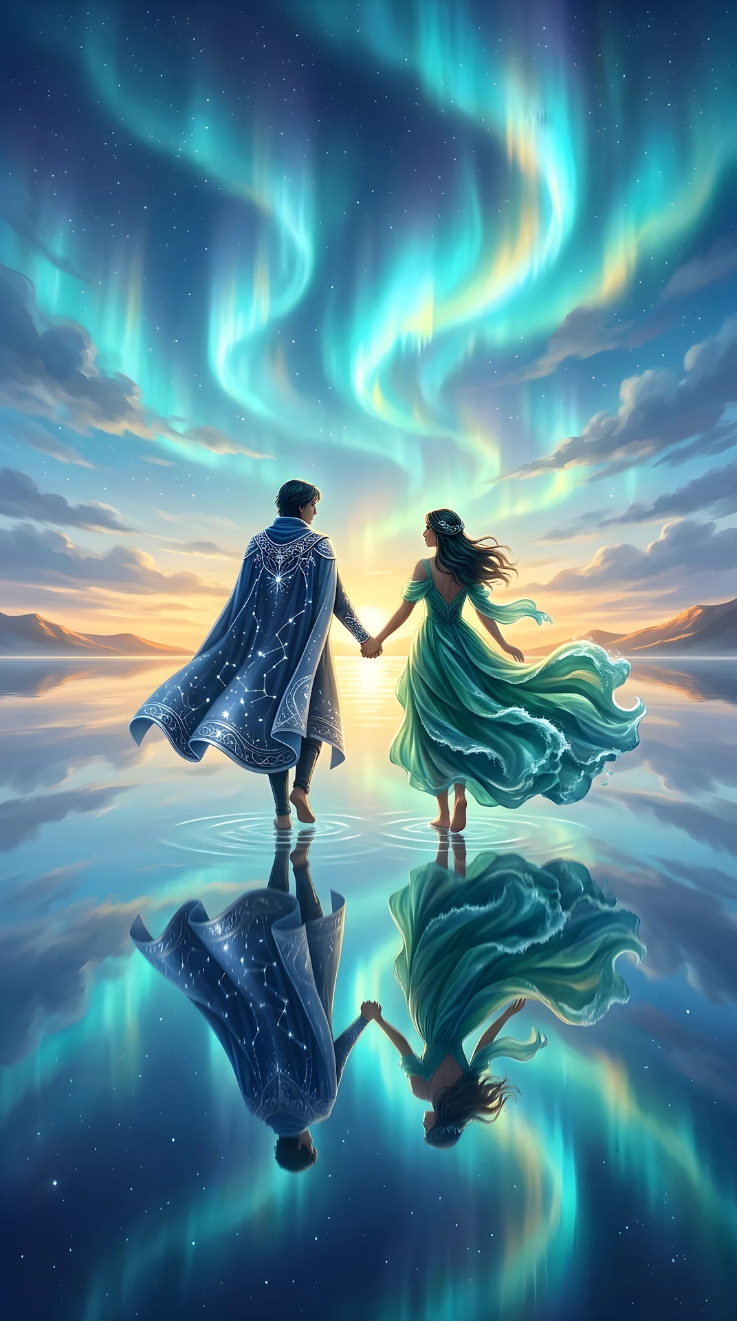 Ethereal Figures on Glassy Ocean at Dawn - Free 4K mobile Wallpaper