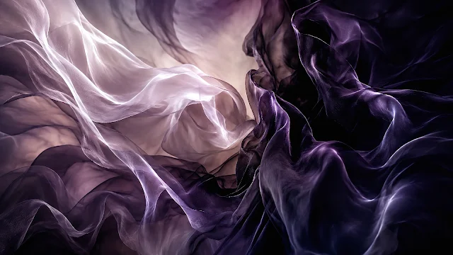 Dynamic billowing folds of dark purple and semi-sheer lavender fabric in ambient light.