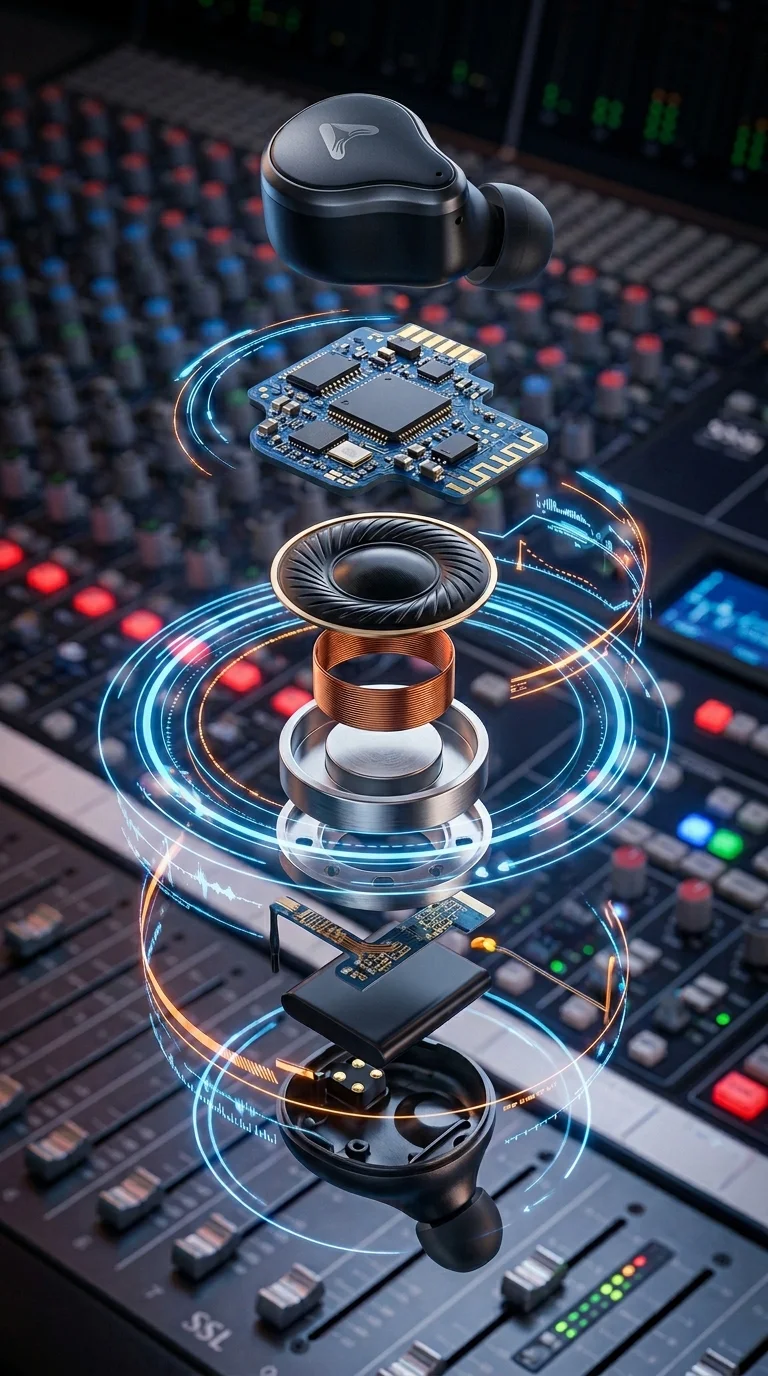 Exploded View of High-Tech Earbud Internal Speaker with Holographic UI - Free 8K and 4K mobile Wallpaper Background
