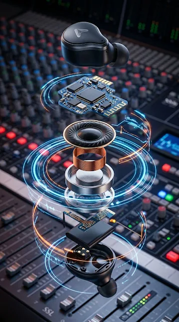 Exploded View of High-Tech Earbud Internal Speaker with Holographic UI - Free 4K & 8K mobile Wallpaper