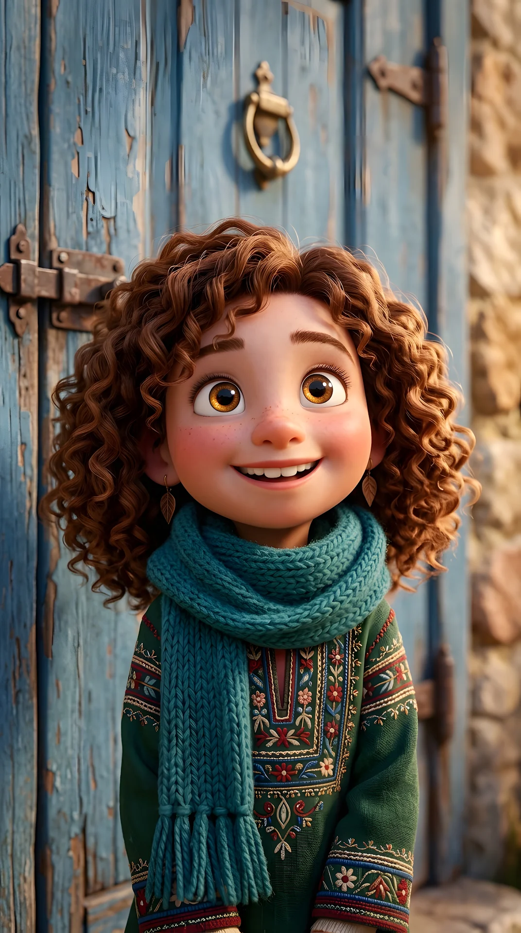 Expressionistic 3D Cartoon Girl in Scarf Against Wooden Door - Free 4K mobile Wallpaper