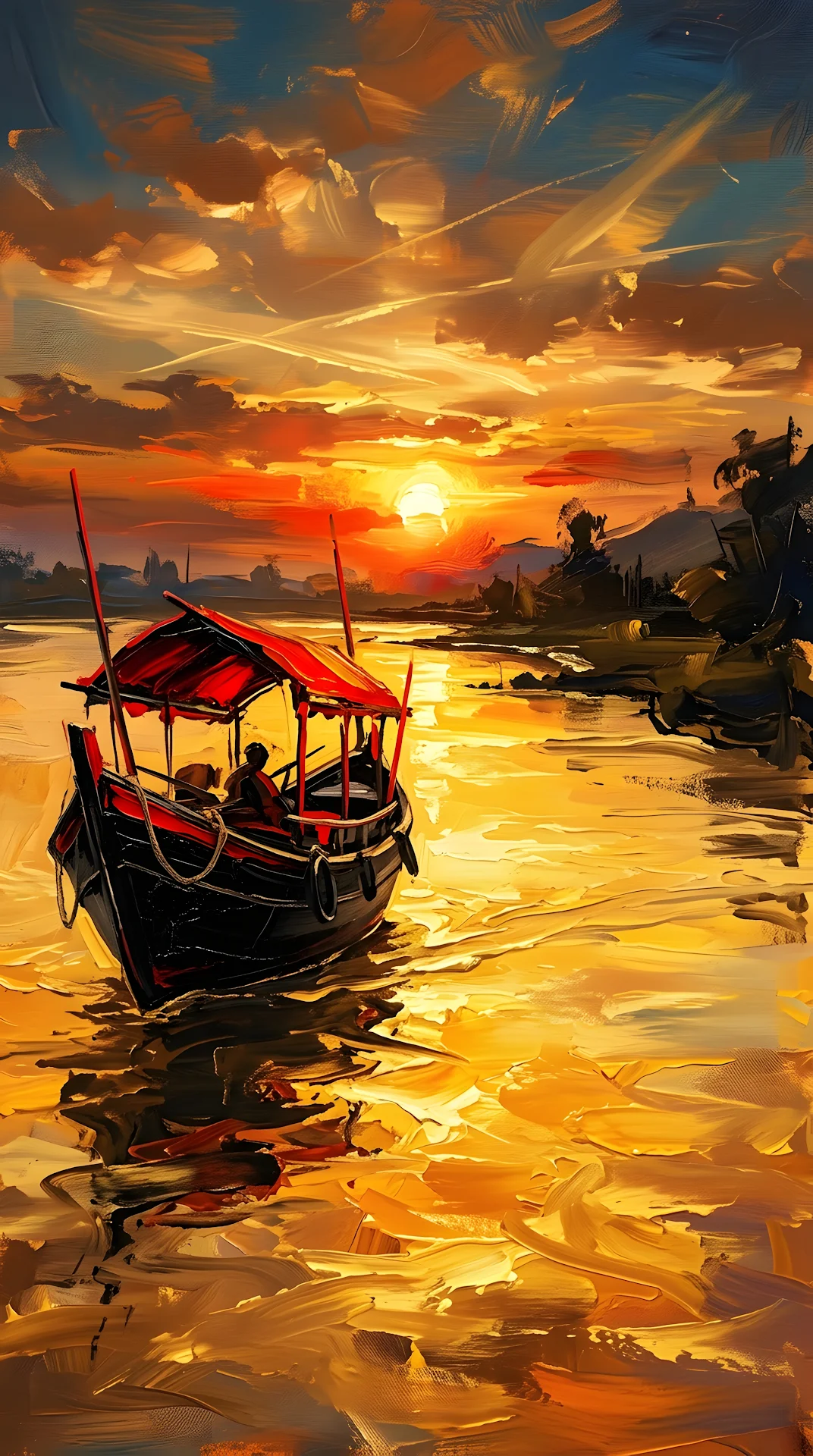 Expressive Abstract Painting of a Traditional Boat at Sunset - Free 4K mobile Wallpaper