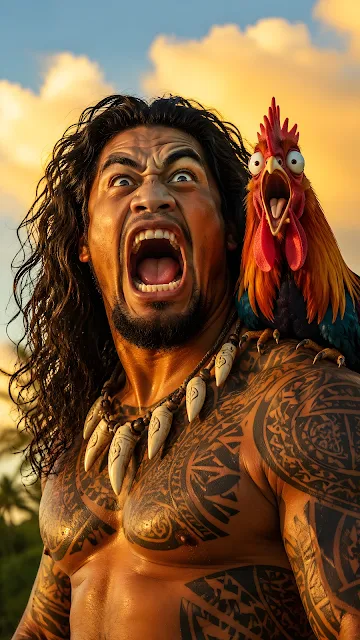 A muscular, heavily tattooed man with long hair screaming alongside a brightly colored, screaming cartoon rooster on his shoulder.
