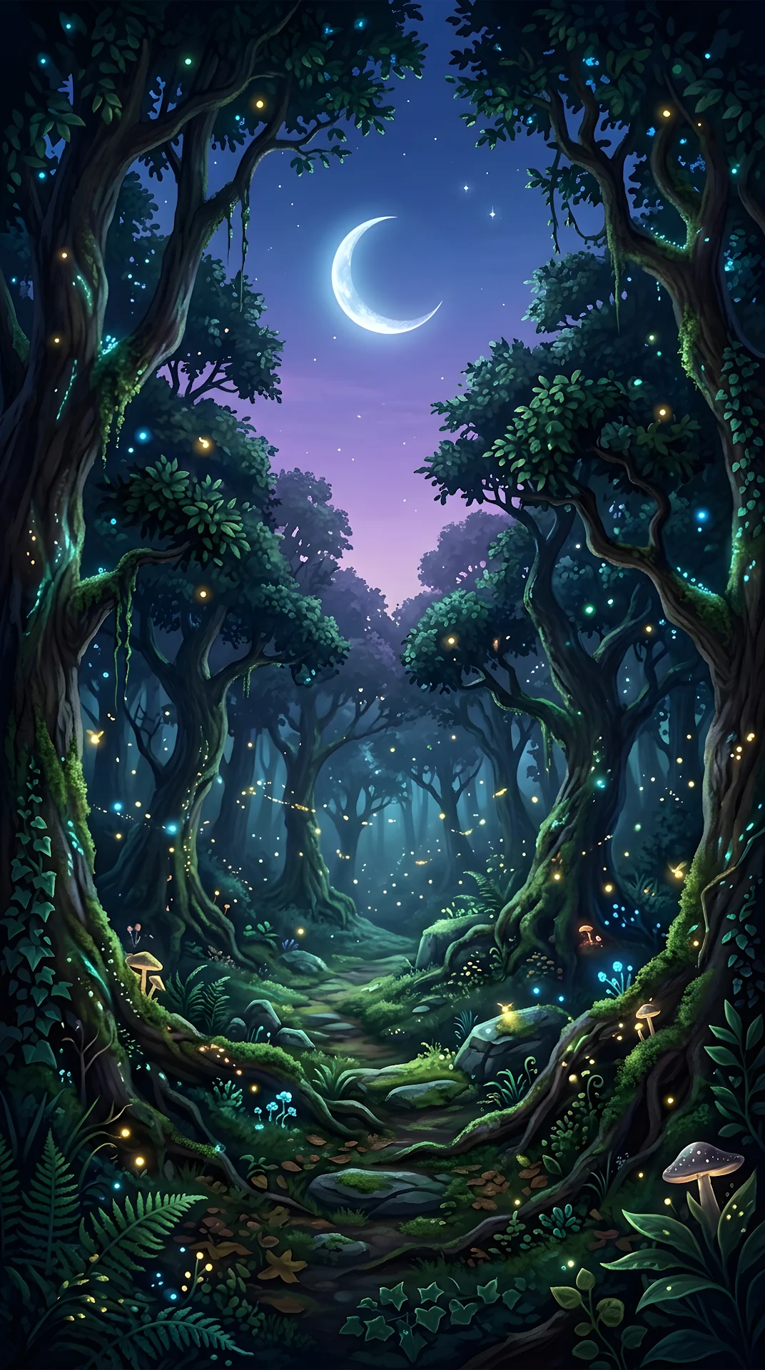 Fairytale Twilight Forest with Moon and Fireflies - Free 4K mobile Wallpaper