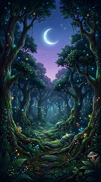 Fairytale Twilight Forest with Moon and Fireflies - Free mobile Wallpaper