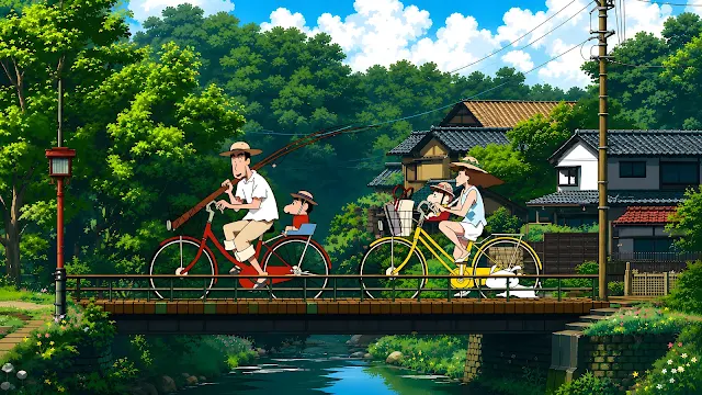 A family cycles across a wooden bridge through a lush rural landscape with cottages, flowers and a small dog.