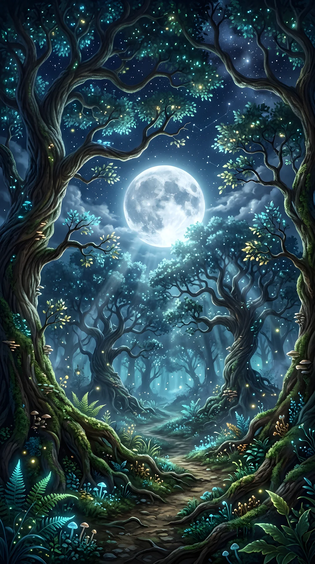 Fantastical Moonlit Forest with Bioluminescent Trees - Free 4K mobile Wallpaper