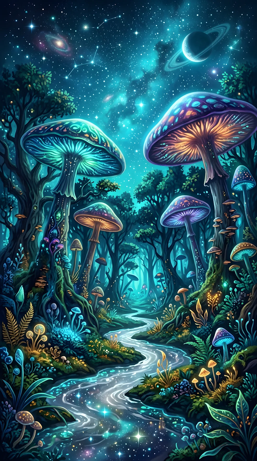 Fantasy Alien Forest with Glowing Mushrooms and a Silver Winding Stream - Free 4K mobile Wallpaper