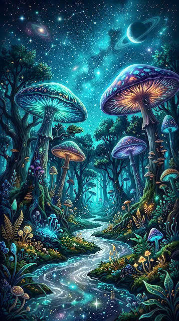 Fantasy Alien Forest with Glowing Mushrooms and a Silver Winding Stream - Free mobile Wallpaper