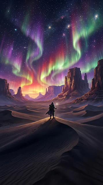 Fantasy Desert Landscape with Swirling Auroras and Wanderer - Free mobile Wallpaper