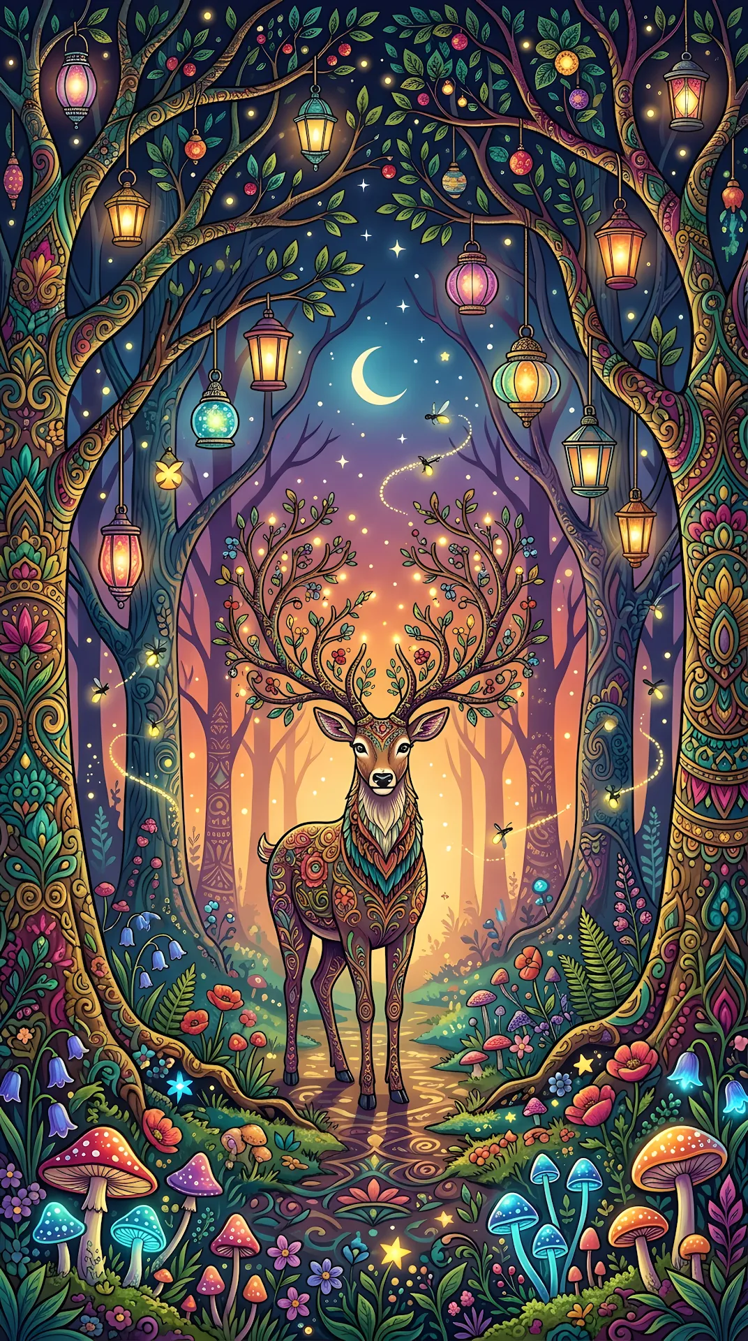 Fantasy Forest Illustration with Glowing Lanterns and Mythical Deer - Free 4K mobile Wallpaper