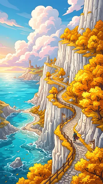 Fantasy Illustration of Golden Autumn Trees on White Coastal Cliffs - Free mobile Wallpaper