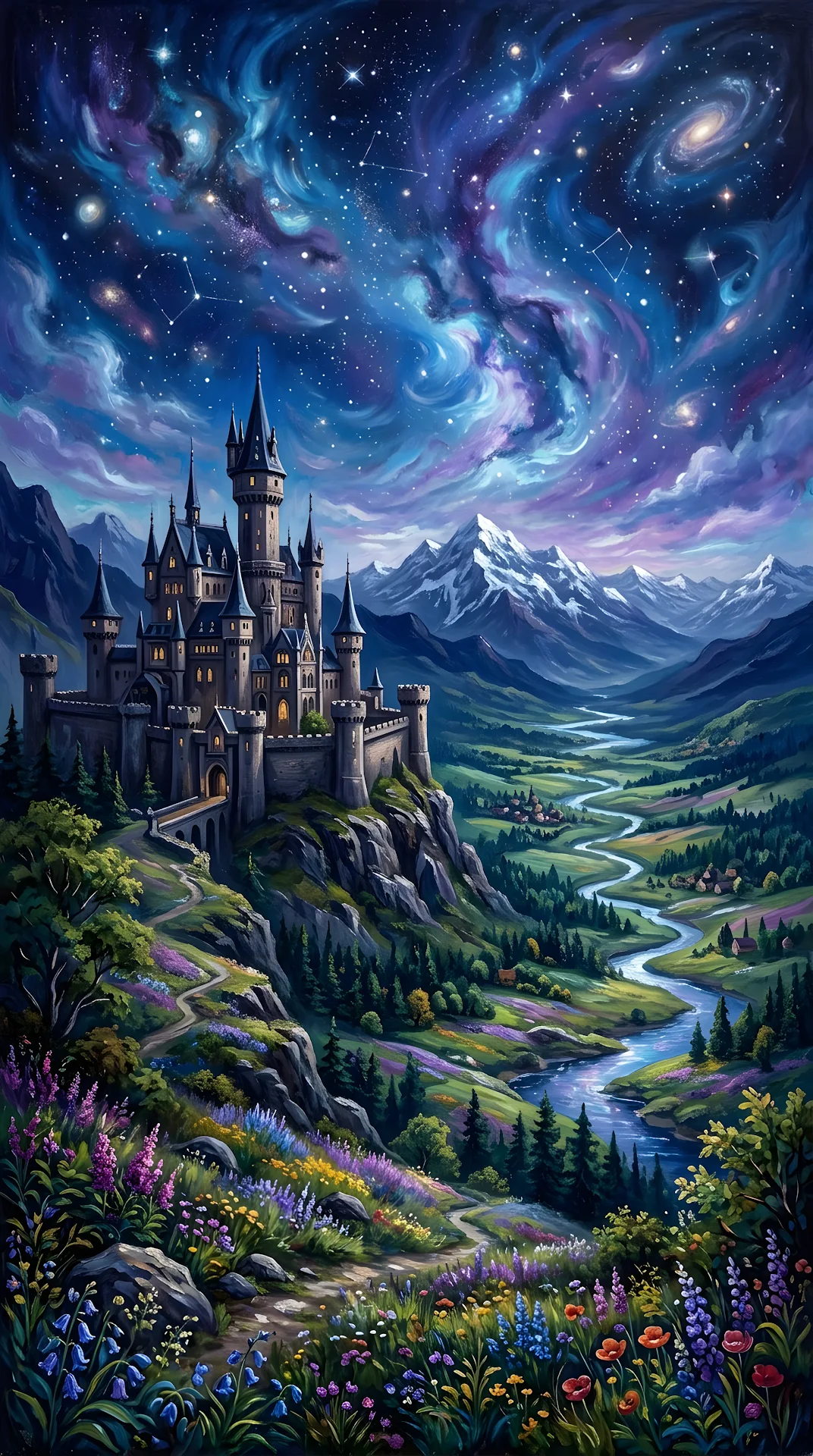 Fantasy Painting Of A Castle In A Mountain Valley Under A Starry Sky - Free 4K mobile Wallpaper