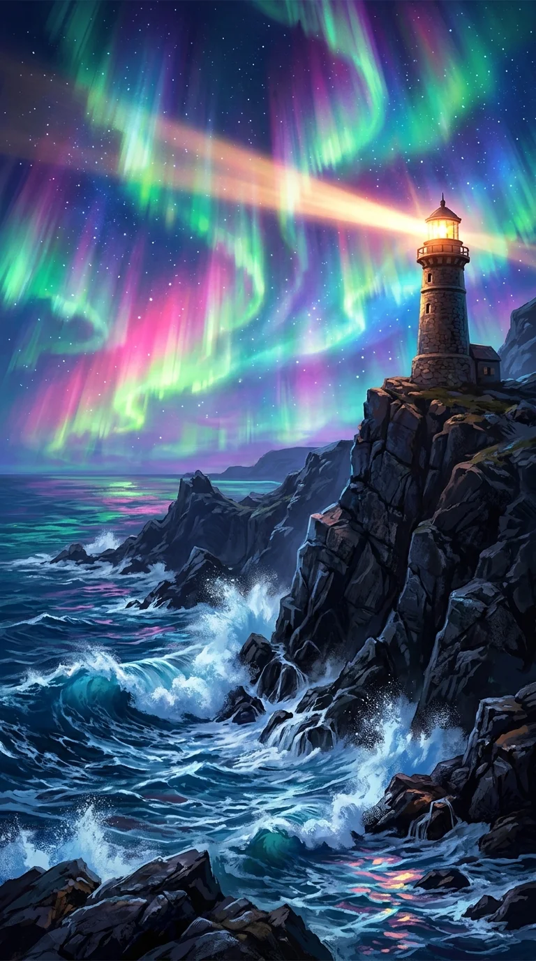 Download Fantasy Seascape with Vibrant Aurora and Lighthouse on Rugged Cliffs Wallpaper in 4K UHD Fantasy Seascape with Vibrant Aurora and Lighthouse on Rugged Cliffs - Free 8K and 4K mobile Wallpaper Background