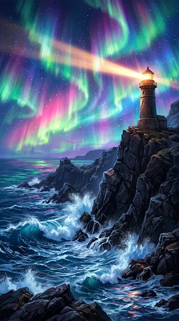Fantasy Seascape with Vibrant Aurora and Lighthouse on Rugged Cliffs - Free 4K & 8K mobile Wallpaper