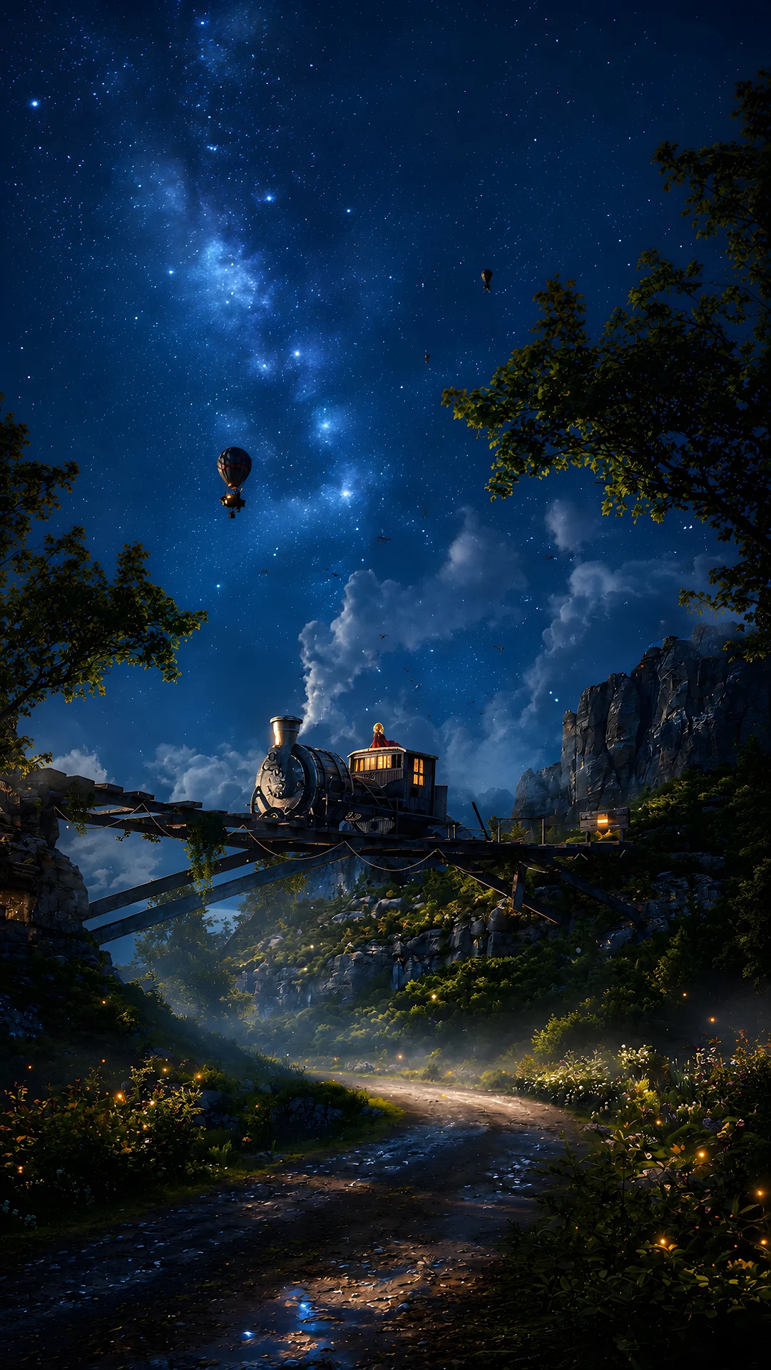 Fantasy Steam Locomotive Crossing Wooden Bridge Under Starry Night Sky - Free 4K mobile Wallpaper