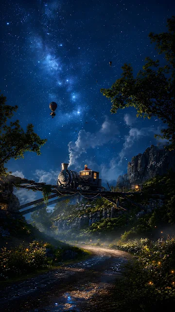 Steam train crossing high wooden trestle bridge over mountain path illuminated by glowing milky way sky.
