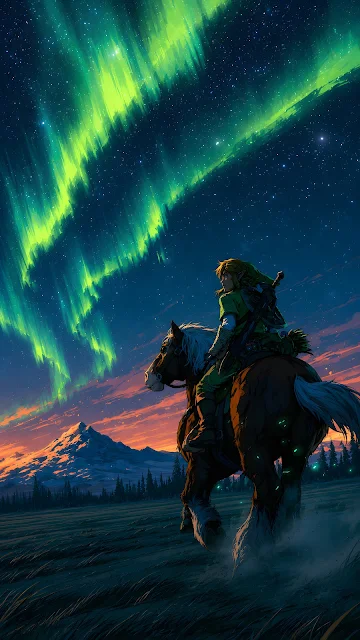 An adventurer in green tunic on a brown horse gazing at a bright green aurora borealis in a starry sky over snowy peaks.