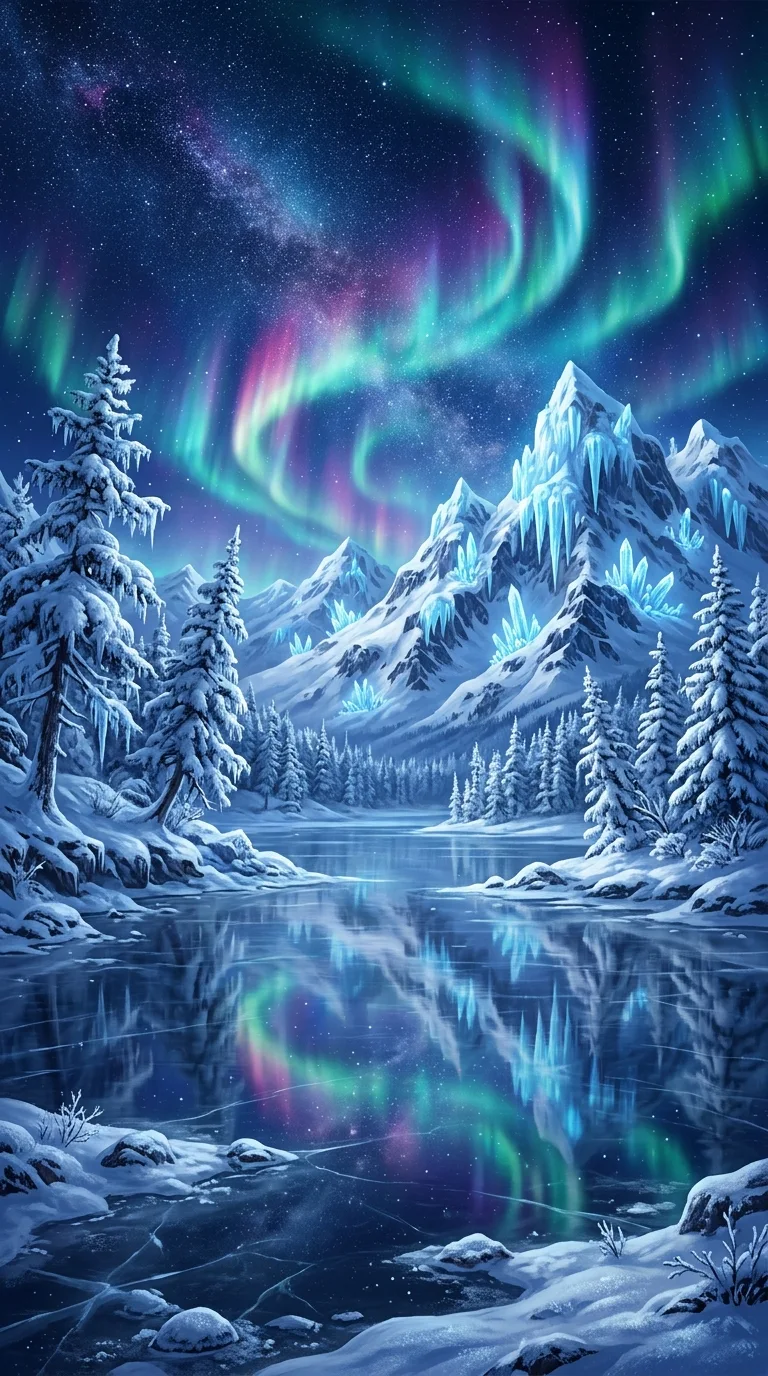 Download Fantasy Winter Landscape with Snow Mountains and Luminous Aurora Wallpaper in 4K UHD Fantasy Winter Landscape with Snow Mountains and Luminous Aurora - Free 8K and 4K mobile Wallpaper Background