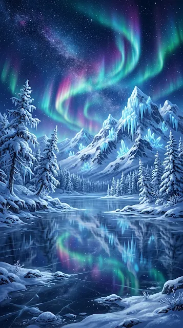 Fantasy Winter Landscape with Snow Mountains and Luminous Aurora - Free 4K & 8K mobile Wallpaper