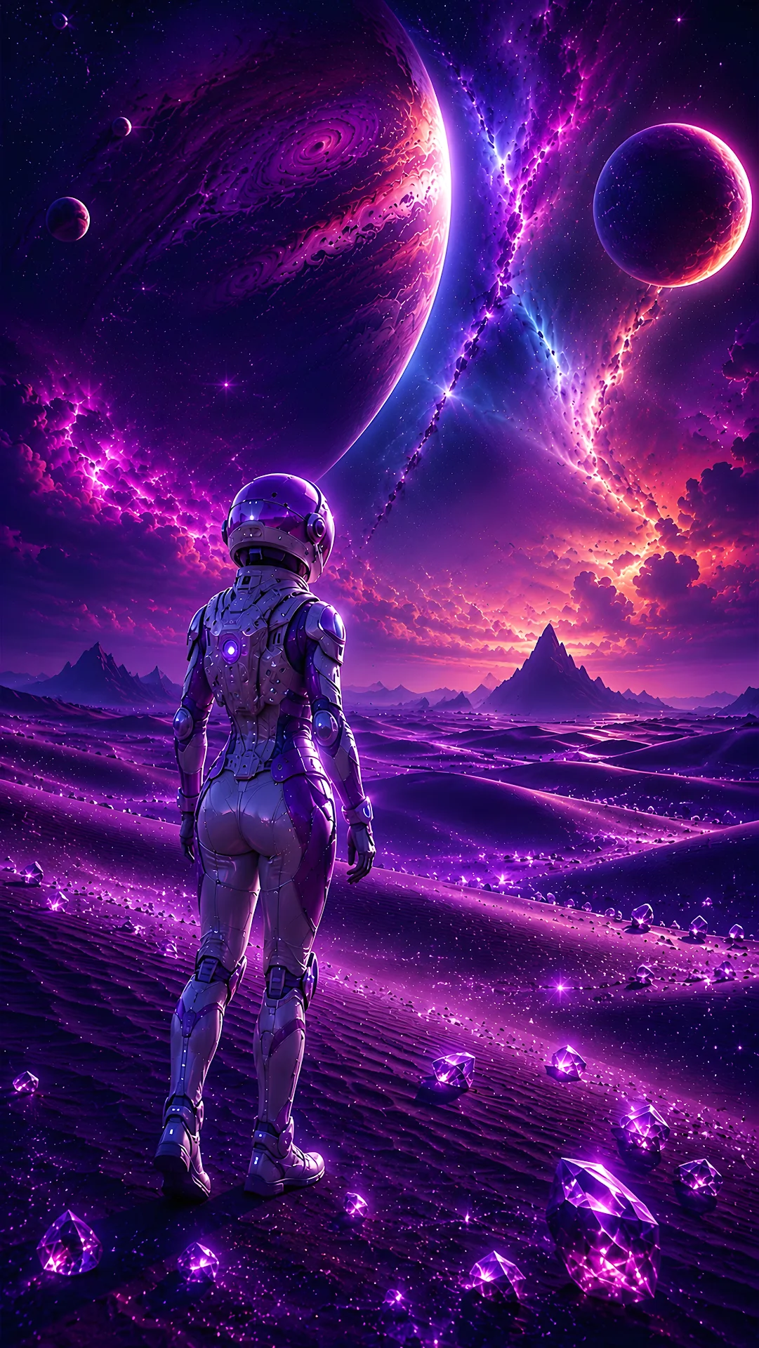 Female Astronaut Standing in Glowing Purple Crystal Desert Landscape - Free 4K mobile Wallpaper