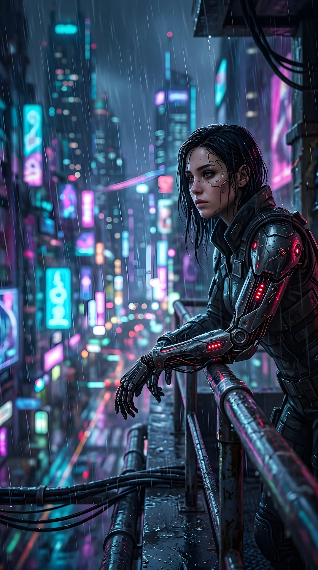 Female Cyborg Figure in Rain with Neon City Background - Free 4K mobile Wallpaper