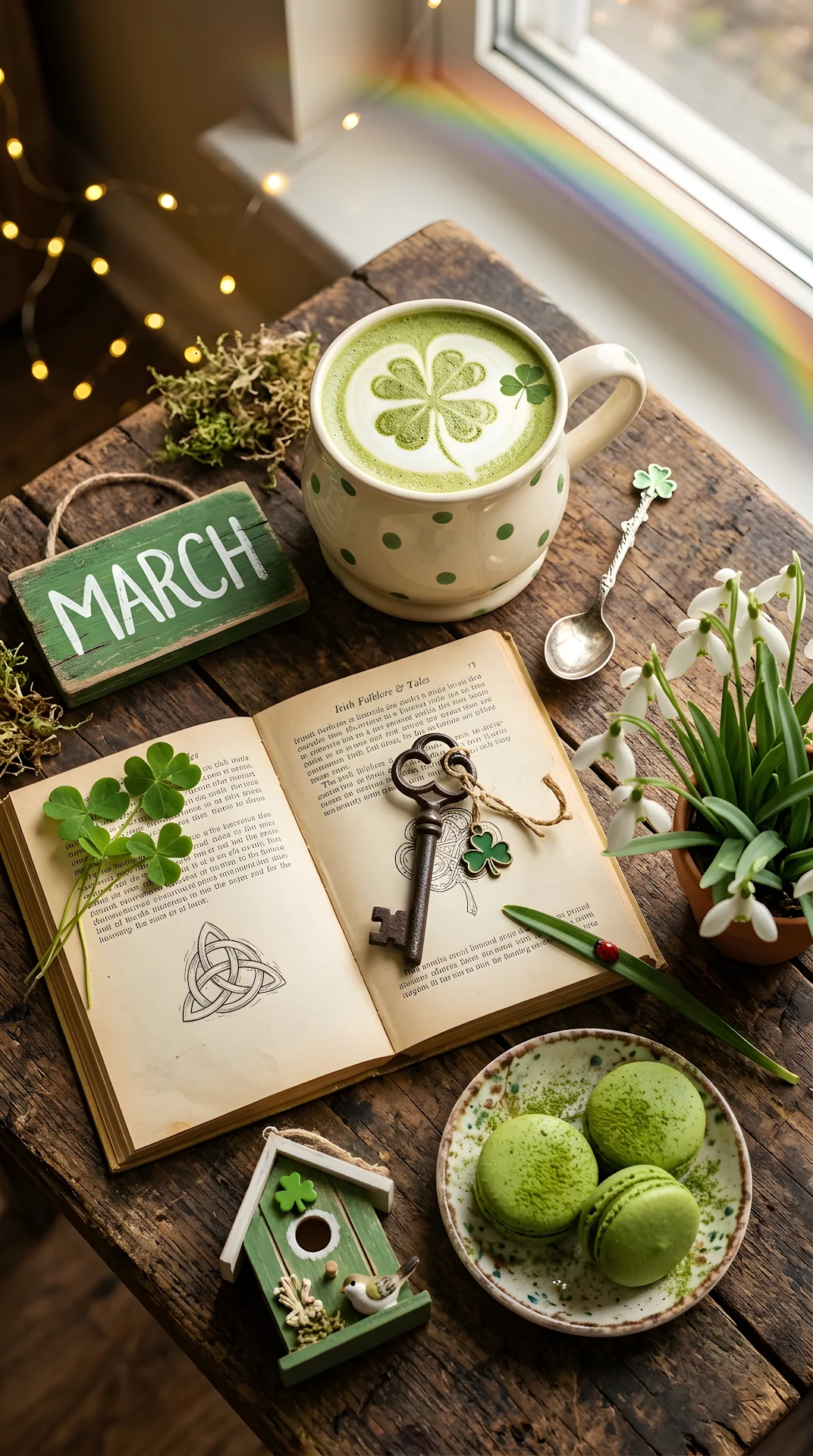 Festive Spring Flatlay with 'MARCH' Sign, Green Coffee, and Macarons - Free 4K mobile Wallpaper
