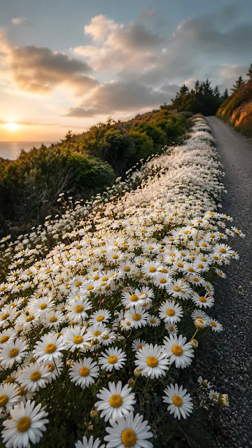 Close-up perspective of white daisies blooming along a dirt coastal road during warm golden sunset light.