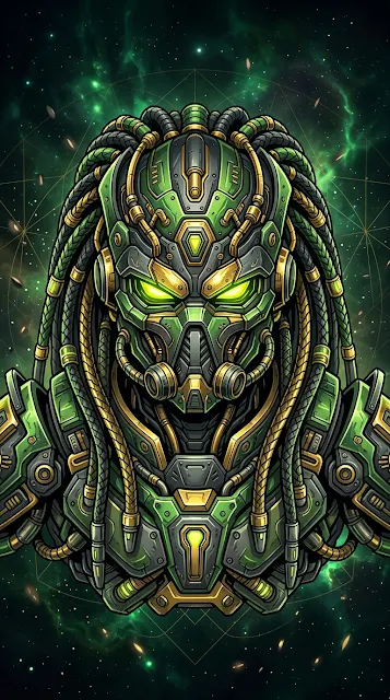 Fierce Alien Sci-Fi Warrior in Biomechanical Green and Gold Armor - Free 4K & 8K mobile Wallpaper