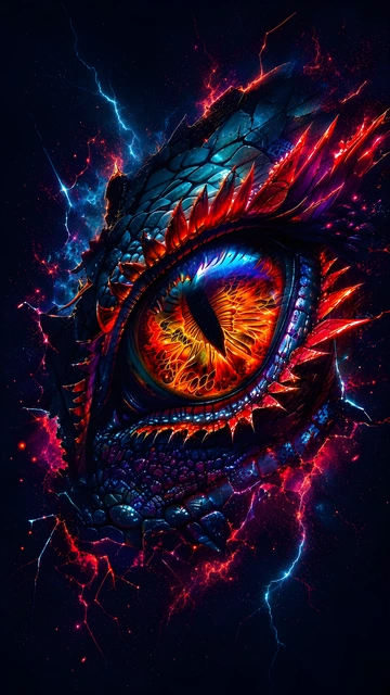 Close-up of a glowing orange reptilian dragon eye surrounded by dark scales and lightning arcs.