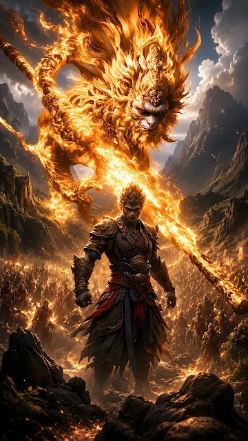 An armored monkey warrior king with a giant fiery elemental avatar behind him holding a flaming golden staff in a mountain valley.