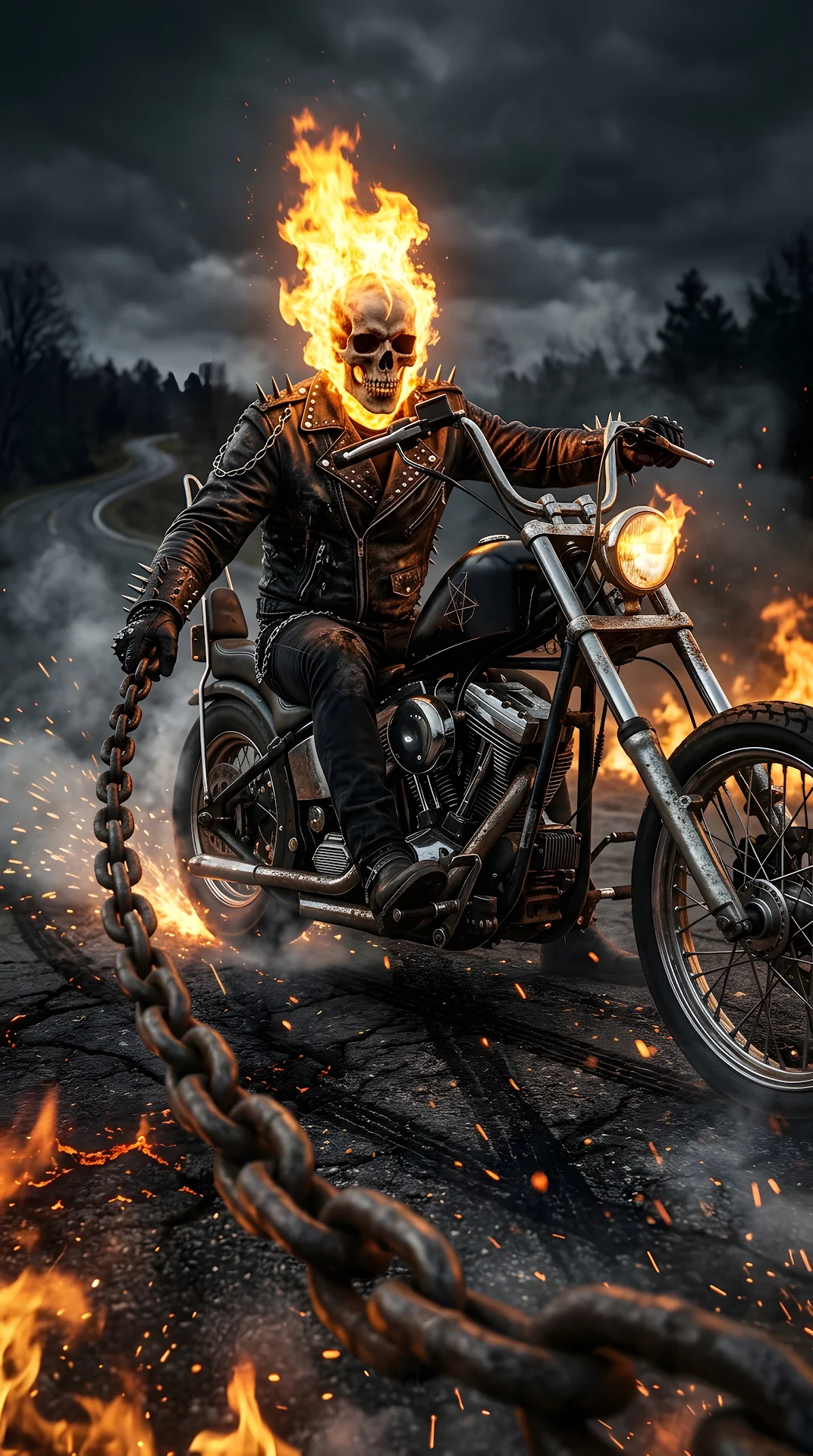 Download Fiery skull rider on a black motorcycle on smoky road 4K Wallpaper Fiery skull rider on a black motorcycle on smoky road - Free 4K mobile Wallpaper