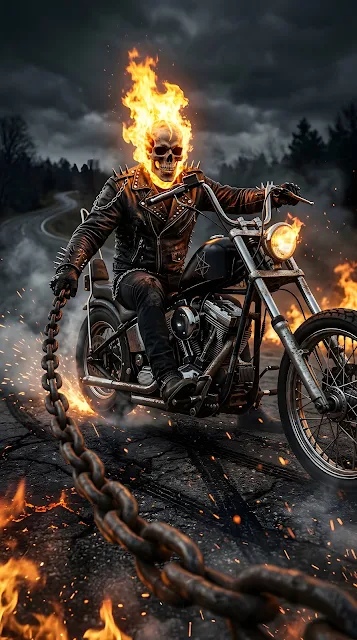 A dramatic low-angle shot of a leather-clad motorcycle rider with a blazing, flaming skull head holding a heavy metal chain.