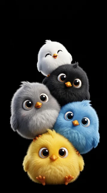 Five Cute Colorful Fluffy Cartoon Birds Stacked on Black Background - Free 4K & 8K mobile Wallpaper