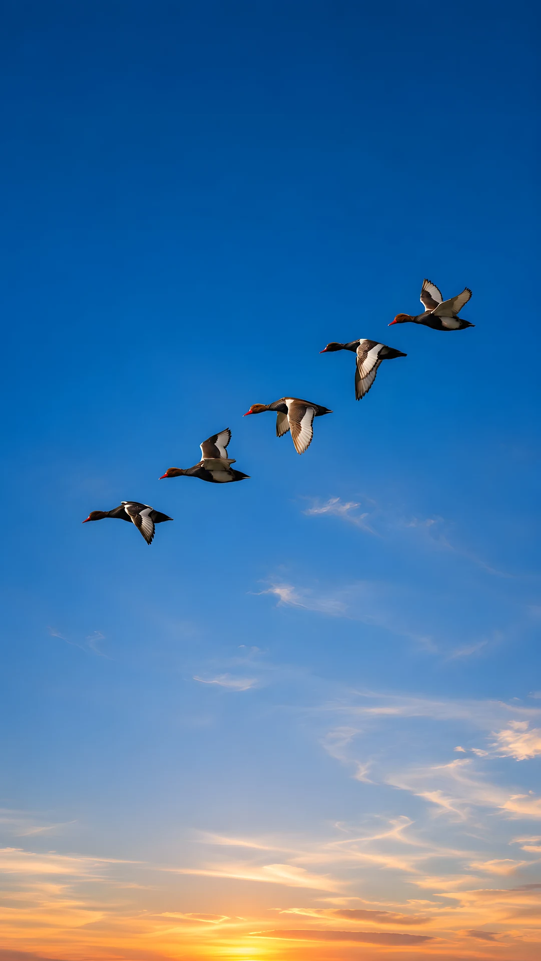 Five wild ducks flying in diagonal formation against clear blue sky - Free 4K mobile Wallpaper