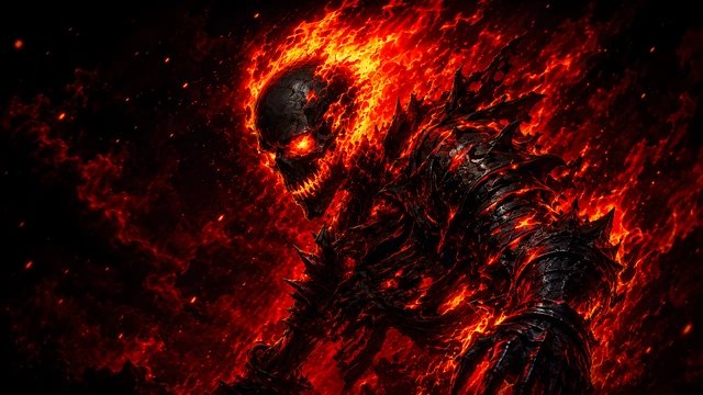 Armored demon with a skull head engulfed in bright orange flames and glowing molten lava cracks.