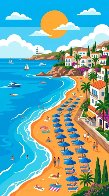 Flat Design Mediterranean Beach Scene with Parasols and Palm Trees - Free 4K & 8K mobile Wallpaper