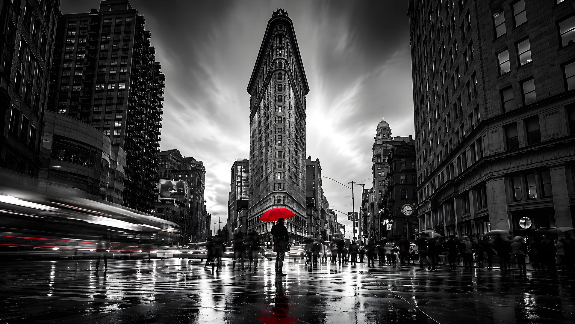 Flatiron Building NYC Red Umbrella Rain 4K - Free 4K desktop Wallpaper