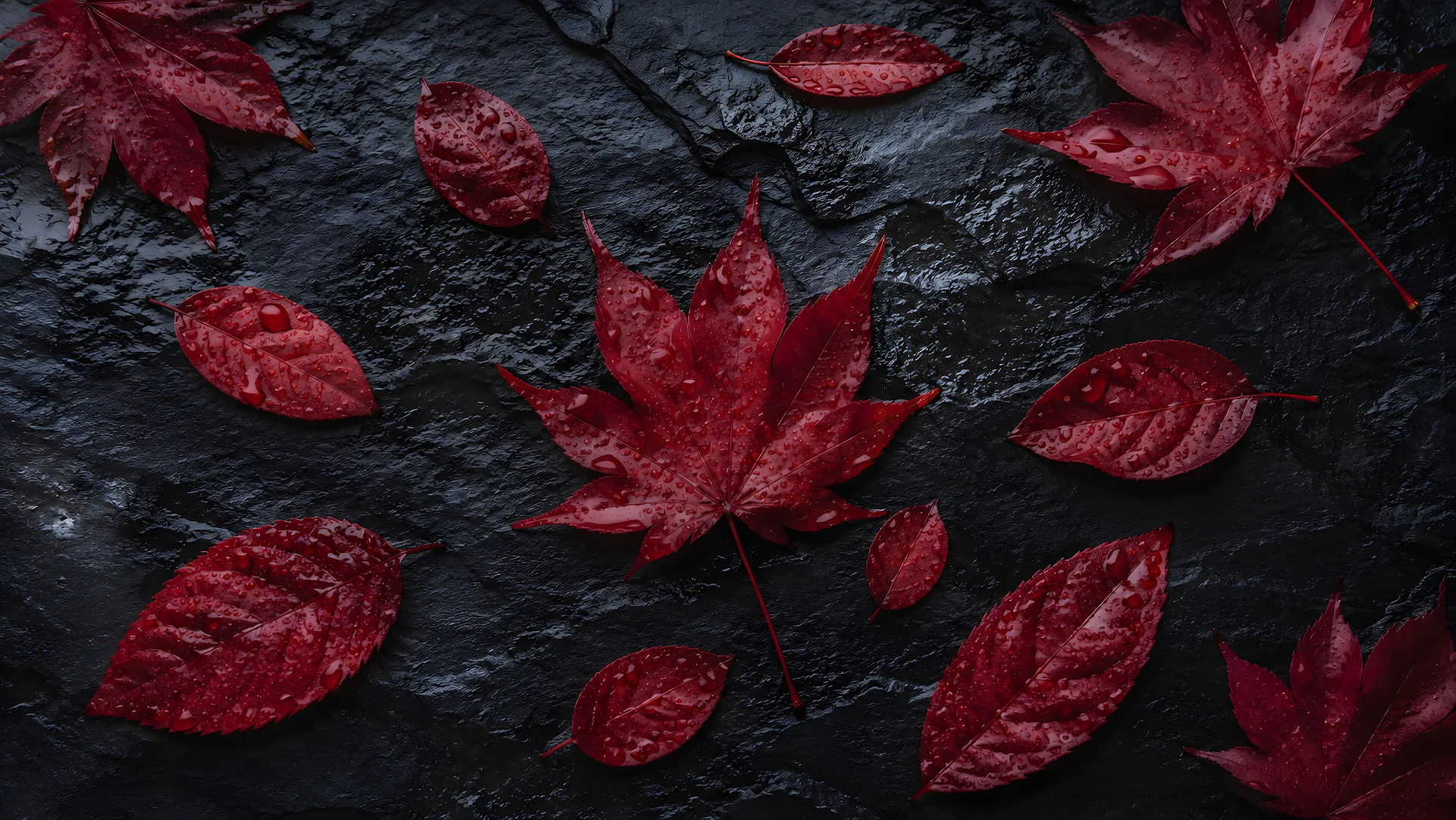Flatlay of wet red autumn leaves on dark slate stone - Free 4K desktop Wallpaper